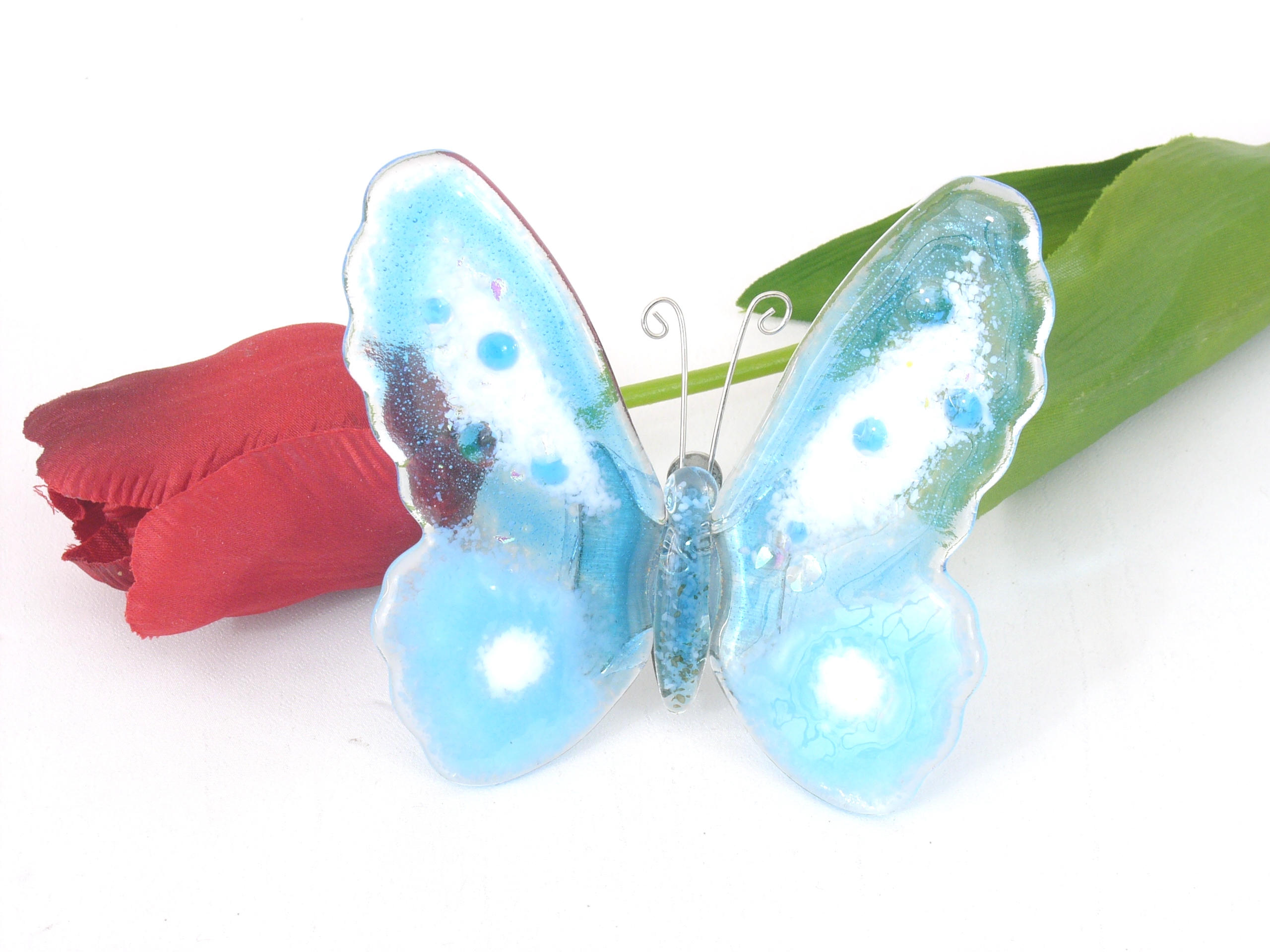 Schmetterling aus Glas, wie auf Entwurf blaugrün, 8 cm Breite